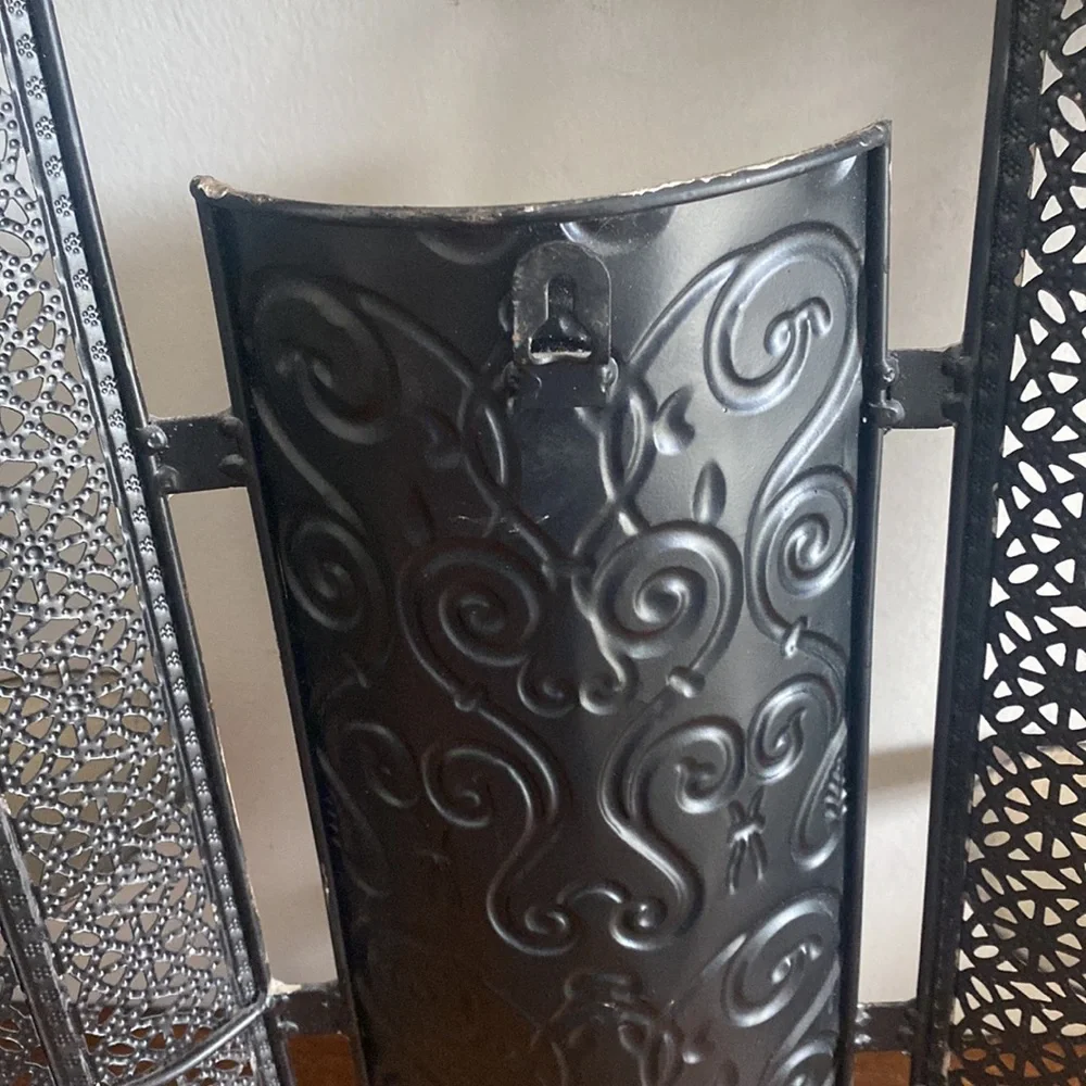 Vintage Pier 1 Metal Scroll Wall Sconce Candle Holder 4 Pillar Earth Tones